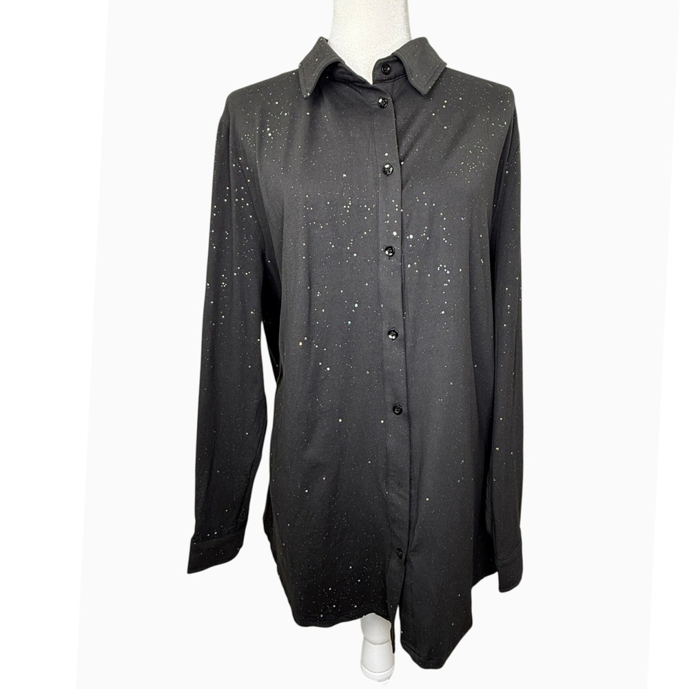 Women's 2XL Black Embedded Sparkle Button Front Long Sleeve Tunic Shirt Stretch